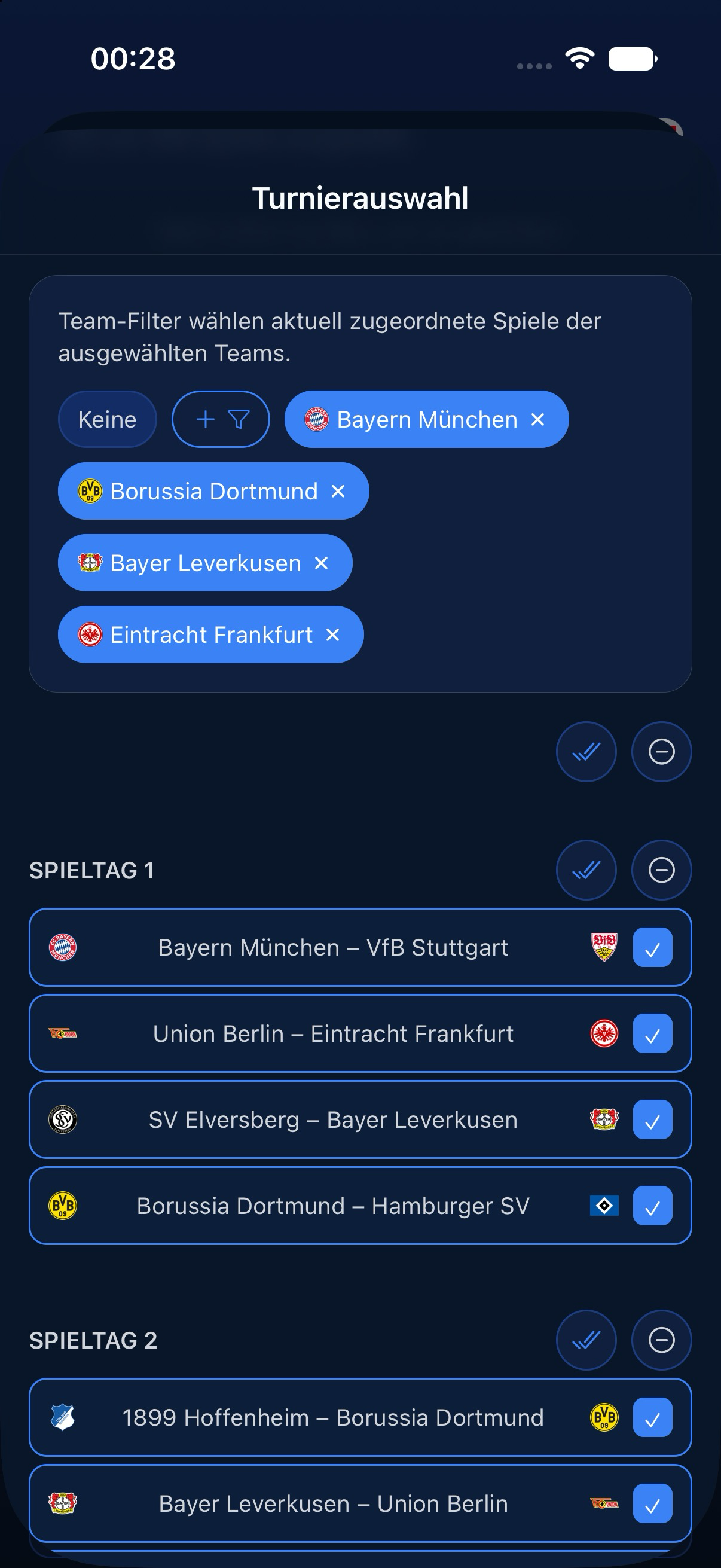 Selección de torneo y filtros de equipos
